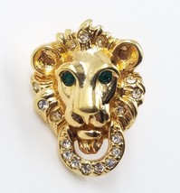 Swarovski SAL Lion Head Door Knocker Green Clear Crystal Gold Tone Pin Tie Tack - £14.57 GBP