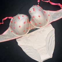 Victoria&#39;s Secret 38DD Bra Set L,Xl Panty Beige Neon Orange Gold Heart Embroider - $69.29