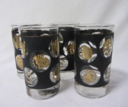 Mcm Set 4 Whiskey Water Glasses Black 22 Kt Gold Coin Libbey 1960 Bareware Usa - £14.77 GBP