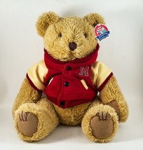 Hometown Products Plush Teddy Bear &quot;M&quot; 16” in Red Letterman Jacket Tags - £11.98 GBP