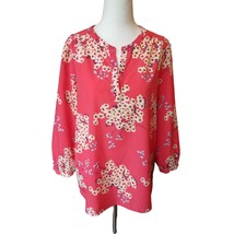 Pink Coral Flora Shirt Top Blouse Size M Womens Blossoms Balloon Sleeve V-Neck - £14.89 GBP