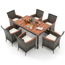 7 Piece Patio Acacia Wood Cushioned PE Rattan Wicker Dining Set - £374.83 GBP