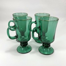 Vintage Libby Pine Green Glass Mugs Gold Trim on Rim Pedestal &amp; Handle 5 3/4&quot; - £27.66 GBP