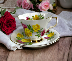 Queen Anne Pink Yellow Red Rose Teacup &amp; Saucer Fine Bone China Vintage Set - £30.25 GBP