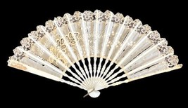 Antique 1900s Lace Sequin Victorian Flowered Ladies Hand Held Fan Off White image 1