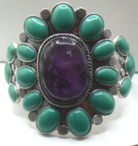 LUCKY BRAND Wide Cuff Bracelet Purple CAB Center W/Surrounding Turquoise Stones - $38.61