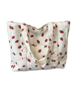 Cream Corduroy Tote Bag Strawberry Pattern Large 13&quot;x12&quot; Shoulder Bag Pu... - $34.36 CAD