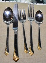 Vtg Oneida Cube Stainless Steel Flatware GOLDEN Damask Rose 5 PC Place Setting 1 - $38.65