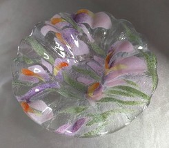 SYDENSTRICKER Pink/Purple/Green Iris Floral Fused Glass Bowl w/ Ruffled ... - £11.44 GBP