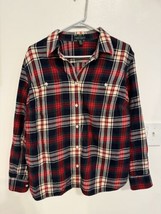 LRL Lauren Jeans Co Top Womens 1X Red Green Plaid Flannel Roll Tab Sleeve Plus - £19.35 GBP