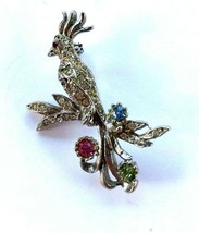 Vintage Silver color &amp; Multicolor Rhinestone COCKATIEL on a BRANCH Brooch - £13.36 GBP