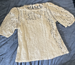 Adiva Womens Sheer Cream Off White Floral Lace Short Sleeve Shirt size L... - $5.99