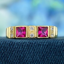 Natural Ruby and Diamond Art Deco Style Two Stone Ring in Solid 9K Yellow Gold - £706.10 GBP