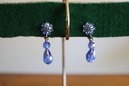 Vintage Silver Tone Dangle Drop Blue Crystal Clip On Earrings 1.25&quot; Tear... - £7.51 GBP