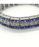 Vintage Simulated Blue Sapphire Tennis Bracelet 7&quot; 14K White Gold Plated... - £126.14 GBP