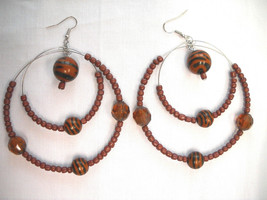 Bohemian Big Brown Tiger Stripe Beads Double Hoop &amp; Ball Exotic Beaded Earrings - £5.54 GBP