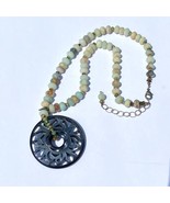 Mother of Pearl MOP Carved Pendant &amp; Ocean Jasper Stone Necklace Adjusts... - £23.55 GBP