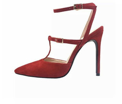 Women Ankle Strap Slingback T Scarpin High Heels Wine Red Suede - £38.08 GBP