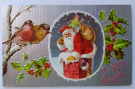 Santa Claus Christmas Postcard Saint Nick Chimney Top Robins Songbirds E... - £26.20 GBP