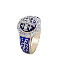 14K Gold Jerusalem Cross Christian Ring with 41 Diamonds and Blue Enamel Gift - £2,046.81 GBP