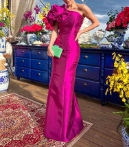 One shoulder Mermaid Hand Made Flower Fuchsia Satin Evening Dresses woman - $108.00