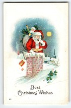 Santa Claus X-mas Moon Stars Chimney Top Postcard Series 901 Embossed Christmas - $8.42