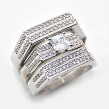 White Gold Over Princess Diamond His Her Bridal Engagement Wedding Trio Ring Set - £108.16 GBP