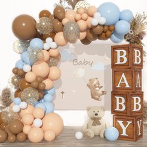 Baby Boxes Balloons For Baby Shower, 4 Wood Grain Blocks With Letter 111Pcs Brow - £29.75 GBP