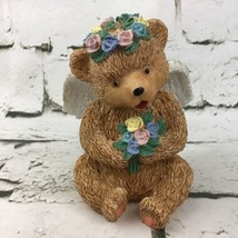 4.5” Teddy Bear Angel Resin Figurine With Floral Crown Collectible Decor - £7.87 GBP