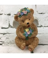 4.5” Teddy Bear Angel Resin Figurine With Floral Crown Collectible Decor - £7.77 GBP