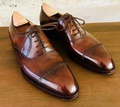 Handmade Cognac Leather Classic Patina Oxfords for Men Custom Dress Shoes - £100.98 GBP