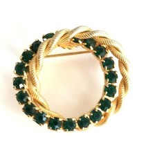 VTG Double Circle Brooch Green Rhinestone &amp; Gold Tone Twisted Rope Interlocking - £5.63 GBP