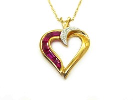 CZ &amp; Natural Ruby Heart Half Charm Pendant Necklace 10k Gold - £117.36 GBP
