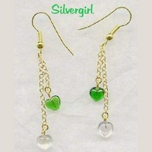 2 Strand Gold Chain Green Clear Heart Dangle Earrings - $183.84 MXN