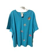 Quacker Factory Butterfly Embroidered V-Neck Top Women’s 3X Teal Short Sleeve - $17.10