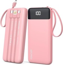 Compact Pink Power Bank with Built-In Cables and LED Display, Charge 5 at Once - $19.99