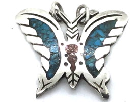 Sterling Silver Butterfly Pendant Mosaic Turquoise Coral HANDMADE SOUTHW... - $44.69