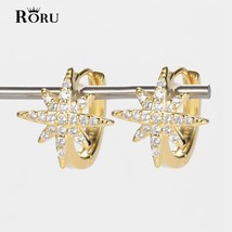 925 Silver Hoop Earrings North Star Hug Earrings for Women Shiny CZ Trendy Gold  - $22.06