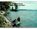 Canoe at Shore Greetings From Charlevoix Michigan MI Chrome Postcard N18 - £1.55 GBP
