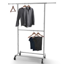 Double Rod Clothing Garment Rack, Rolling Clothes Organizer On Wheels For Hangin - £53.48 GBP