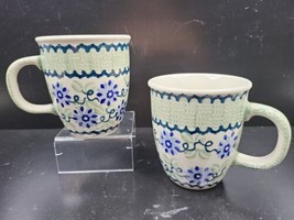 (2) Boleslawiec Polish Pottery Floral Mugs Set Blue Green Painted Coffee... - $49.17