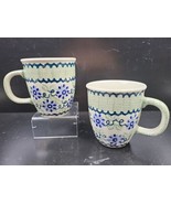 (2) Boleslawiec Polish Pottery Floral Mugs Set Blue Green Painted Coffee... - £38.96 GBP