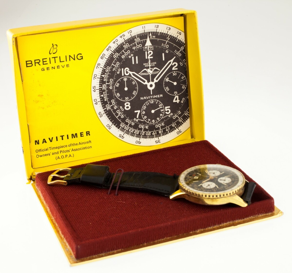 Vintage GoldPlated Breitling Navitimer Chronograph Watch 806 w Box and Papers
