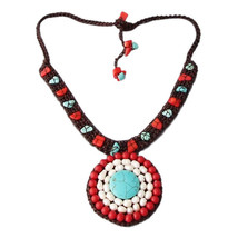 Dramatic Organic Round TQ-Pearl-Coral Pendant Necklace - £16.80 GBP