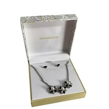 Charter Club Necklace Earring Set Black Faux Pearl Rhinestone Silver Tone 17&quot; - £14.87 GBP