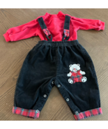 Vintage 90s Coruroy Romper Overalls Black Red 0/3 Months Teddy Bear Baby - $554.48 MXN