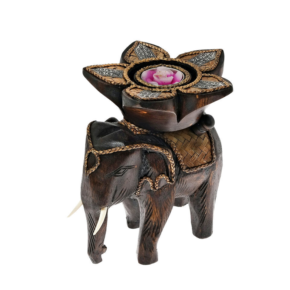 Primary image for Royal Elephant with Flower Candle Holder Rain Tree Wood Hand Made