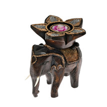 Royal Elephant with Flower Candle Holder Rain Tree Wood Hand Made - $28.50