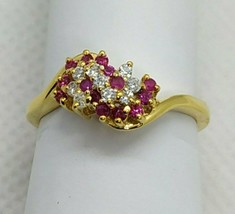 1/3 Ct Round Simulated Ruby &amp; Diamond 14k Gold Plated Cluster Engagement Ring - £36.67 GBP