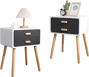 Set of 2 Nightstand End Table with 2 Storage Drawers and Solid Wooden Le... - $277.99